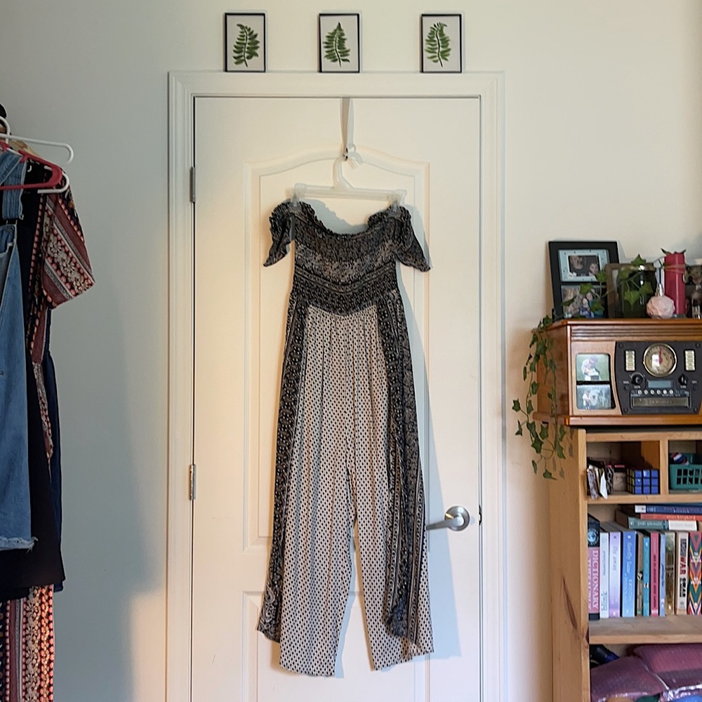 Off The Shoulder, Open Leg Cinched Jumpsuit